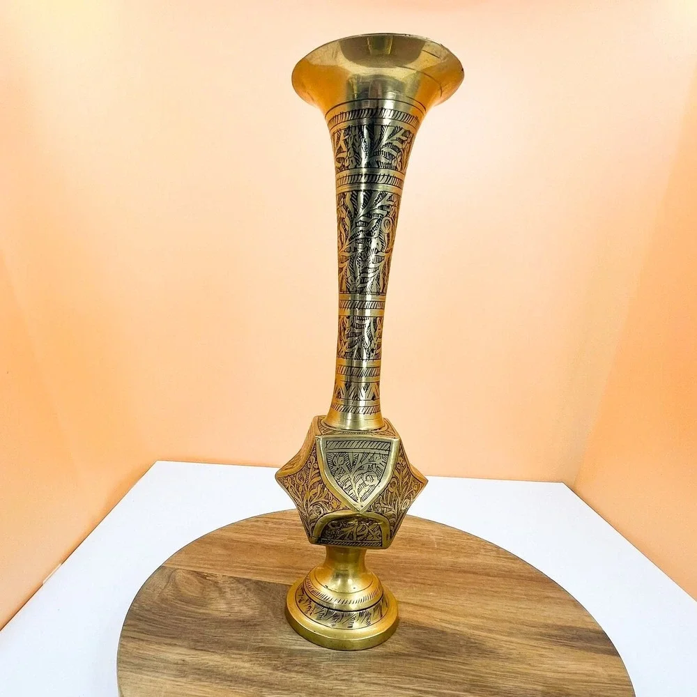 Vintage‎ Floral Brass Pedestal Vase - Made in India